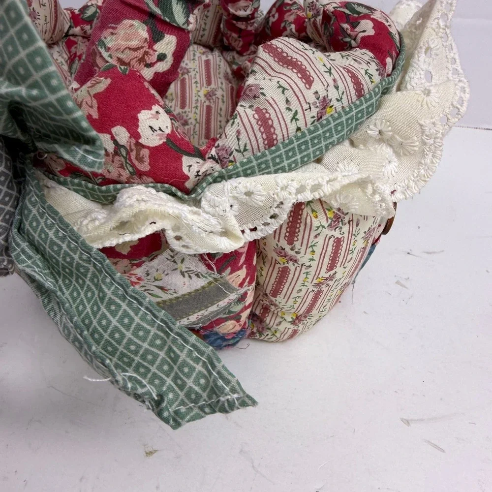 Handmade Quilted Patchwork Fabric Basket Floral Lace Button Country Cottage Red